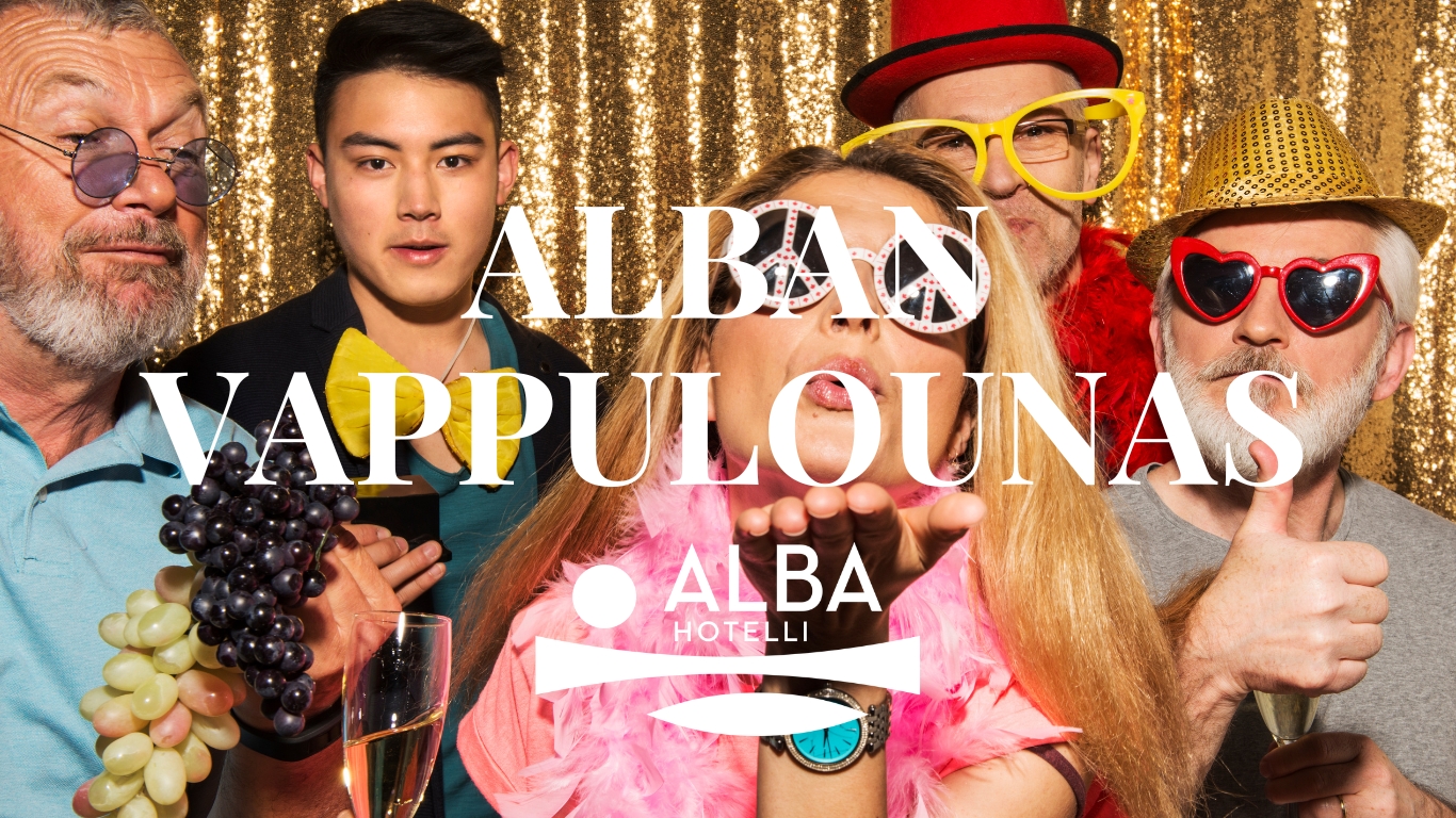 Iloisia ihmisiä Vapputunnelmissa. Mainos Vappulounaasta.