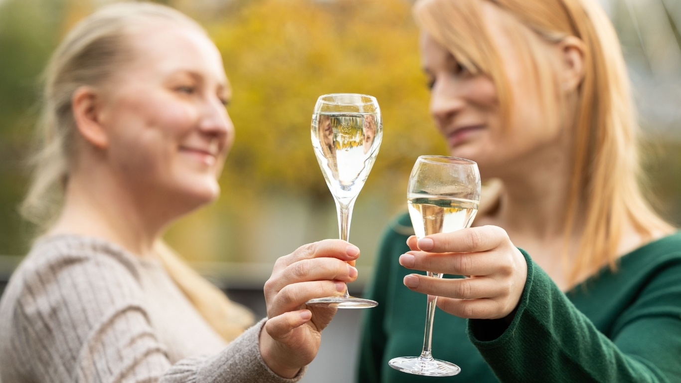 Kaksi naista kilistää viinilaseja