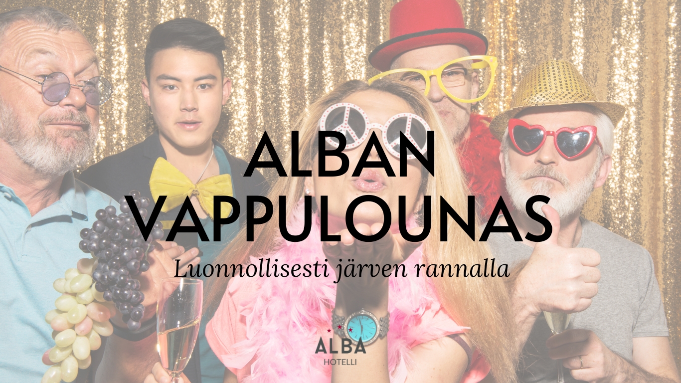 Iloisia ihmisiä ja mainos Vappulounaasta Jyväskylässä