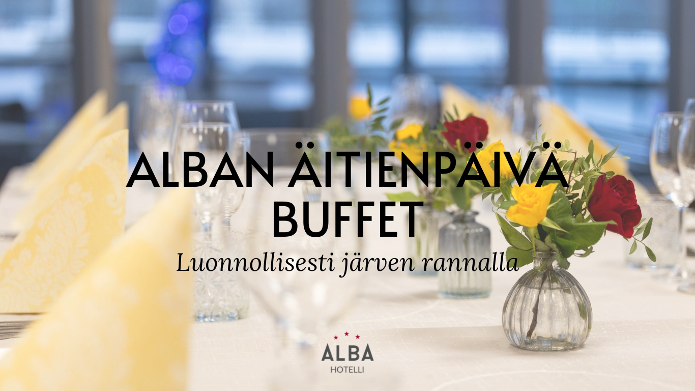 Mainos Äitienpäivä buffetista, kaunis kattaus ja ruusuja maljakossa